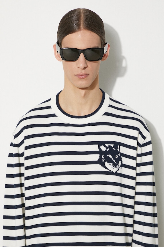 Bavlněný svetr Maison Kitsuné Fox Head Intarsia Comfort Striped Jumper MM00803KT1102 námořnická modř