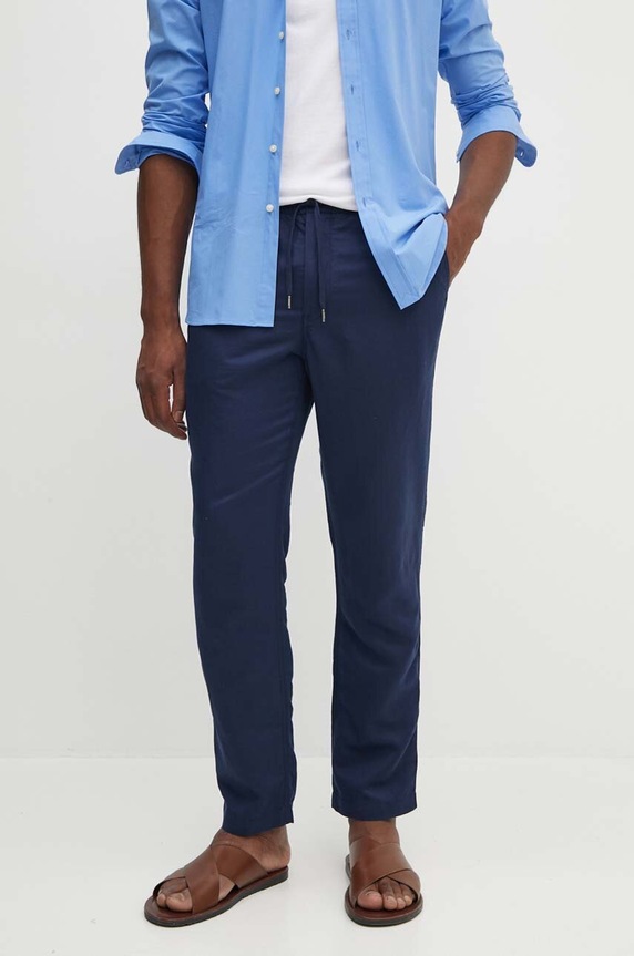 Ľanové nohavice Polo Ralph Lauren ľan tmavomodrá 710927863