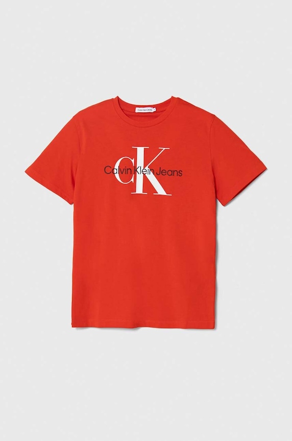 Παιδικό βαμβακερό μπλουζάκι Calvin Klein Jeans στάμπα κόκκινο IU0IU00460.128.176.PPYH
