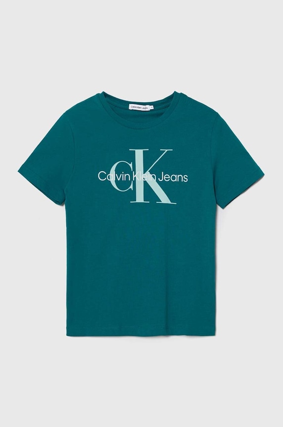 Παιδικό βαμβακερό μπλουζάκι Calvin Klein Jeans στάμπα τιρκουάζ IU0IU00460.128.176.PPYH