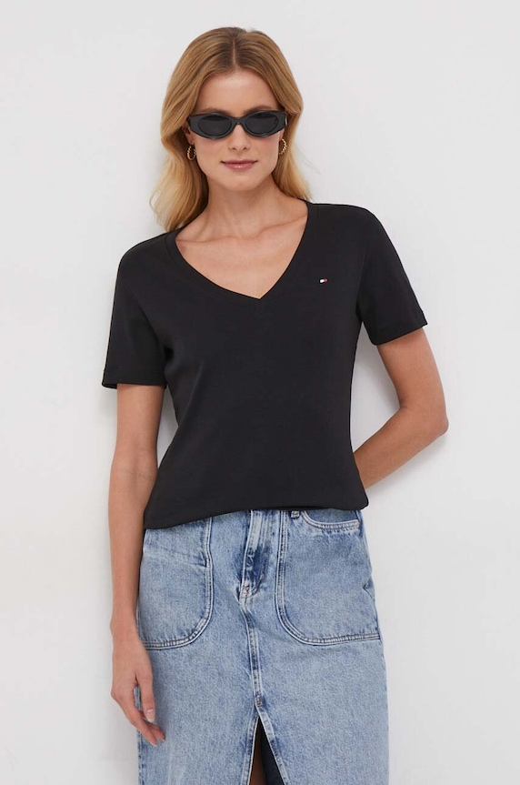 Bombažna kratka majica Tommy Hilfiger Vzorčasti črna WW0WW40584
