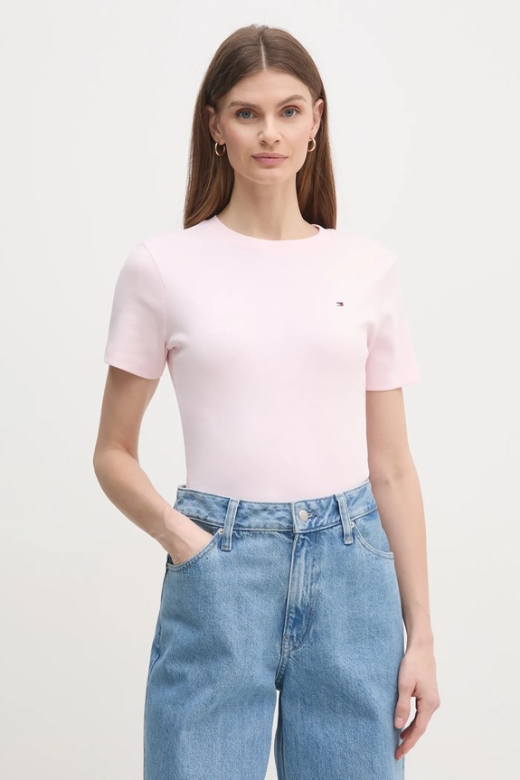 Tommy Hilfiger тениска дамска от памук изчистен розов WW0WW40587