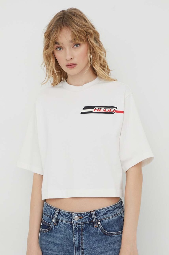 HUGO t-shirt bawełniany nadruk beżowy 50505022