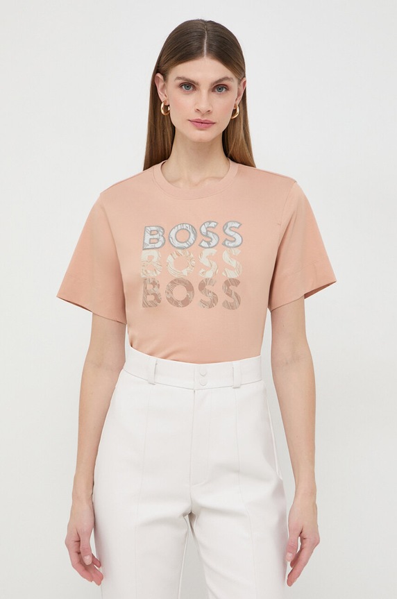 Bavlnené tričko BOSS potlač béžová 50517678
