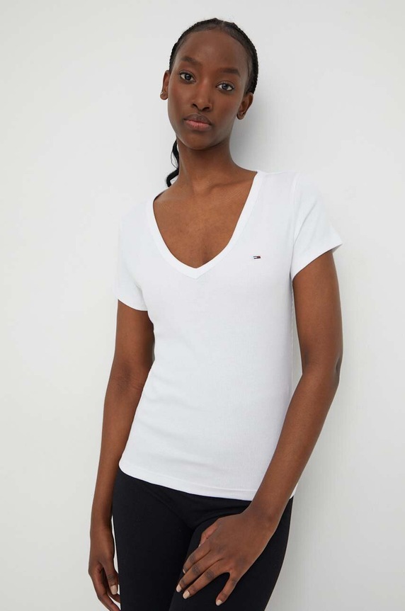 Tommy Jeans tricou de femei din bumbac cu elastan uni alb DW0DW17385