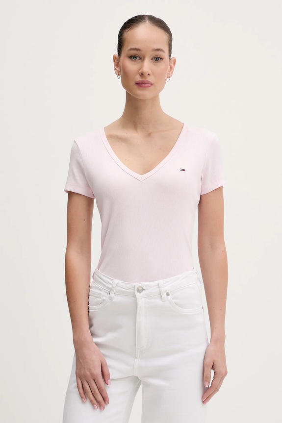 Tommy Jeans tricou de damă din bumbac cu elastan roz DW0DW17385