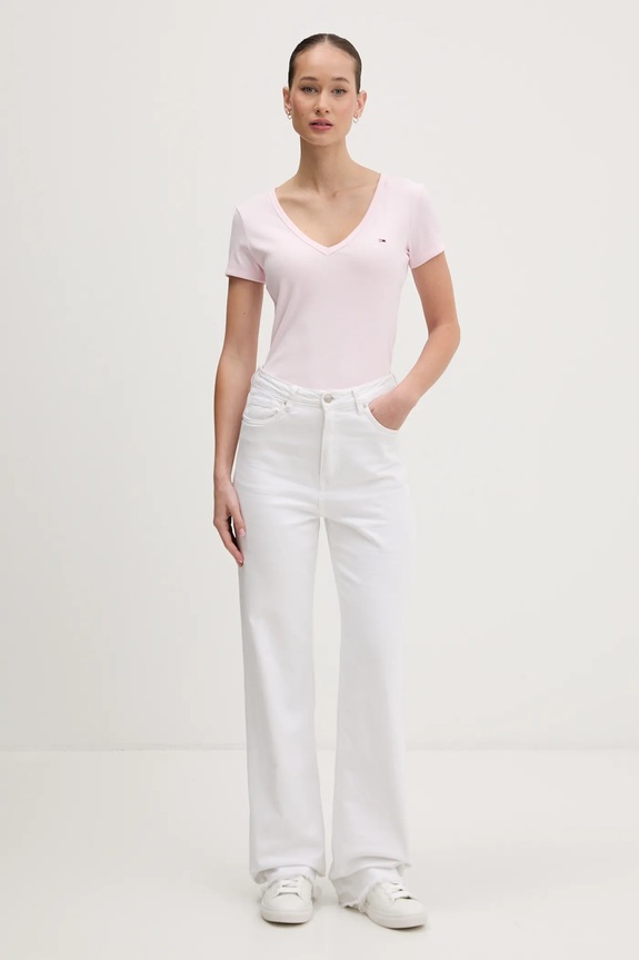Tommy Jeans tricou de damă din bumbac cu elastan DW0DW17385 roz AA00