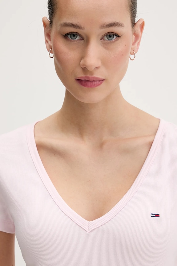 Tommy Jeans tricou de damă din bumbac cu elastan roz DW0DW17385