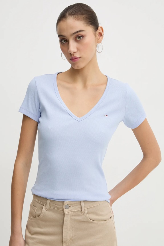 Tommy Jeans T-shirt női pamut elasztánnal elasztánnal kék DW0DW17385