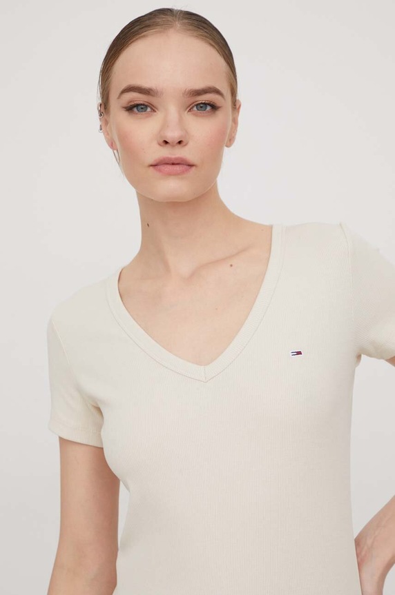 Tommy Jeans tricou de damă din bumbac cu elastan uni bej DW0DW17385