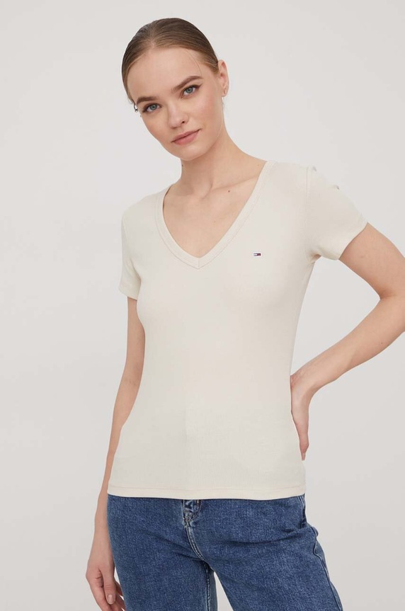 Tommy Jeans tricou de damă din bumbac cu elastan DW0DW17385 bej AA00