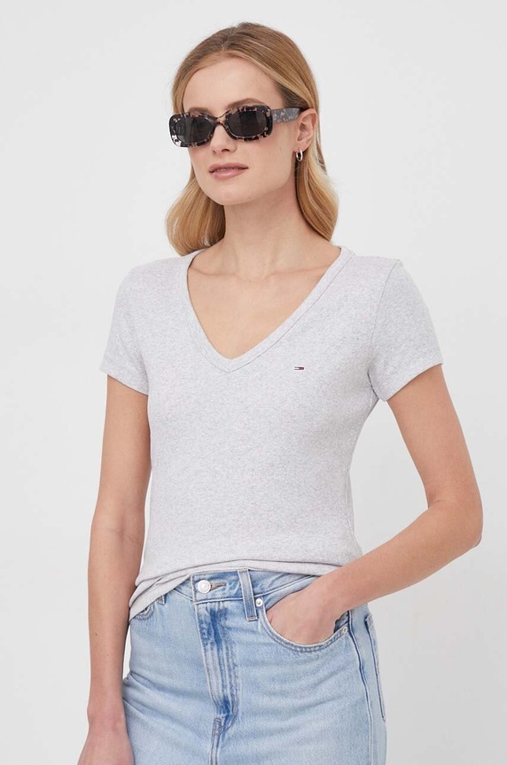 Tommy Jeans tričko dámske bavlnené s elastanom slim sivá DW0DW17385