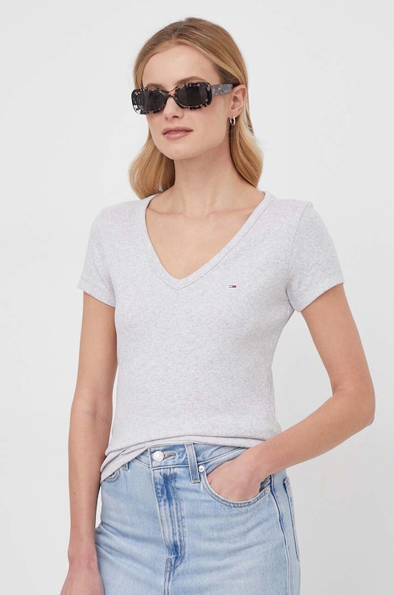 Tommy Jeans tričko dámske bavlnené s elastanom slim sivá DW0DW17385