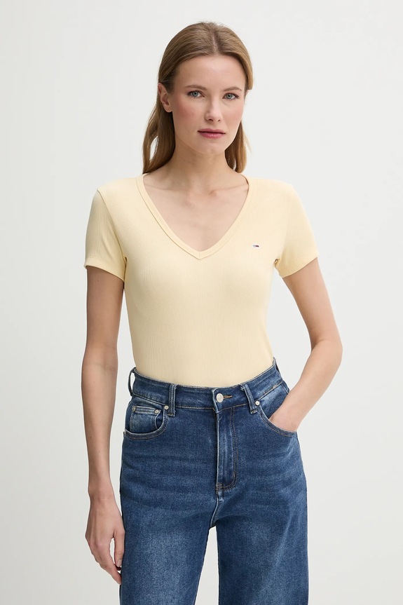 Tommy Jeans tricou de damă din bumbac cu elastan galben DW0DW17385