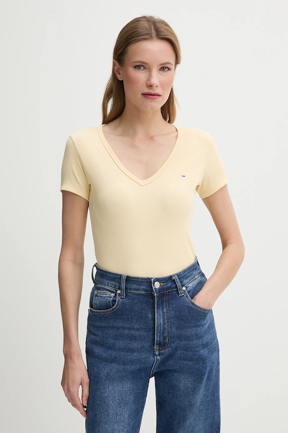 Tommy Jeans tricou de damă din bumbac cu elastan galben DW0DW17385