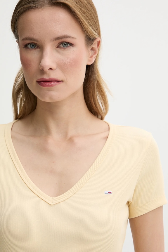 Îmbrăcăminte Tommy Jeans tricou de damă din bumbac cu elastan DW0DW17385 galben
