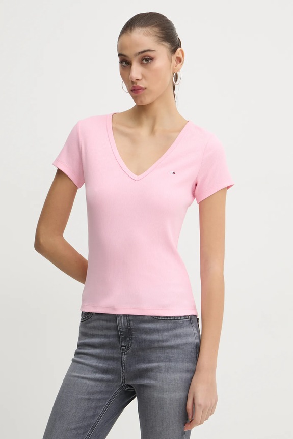 Tommy Jeans t-shirt női pamut elasztánnal elasztánnal rózsaszín DW0DW17385