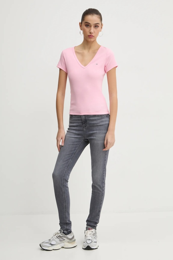 Tommy Jeans t-shirt női pamut elasztánnal DW0DW17385 rózsaszín AA00