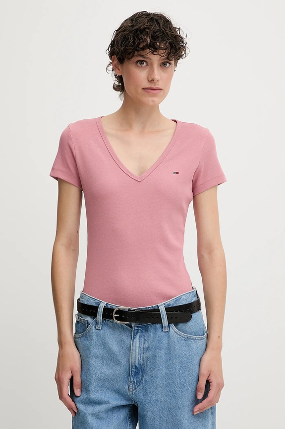 Tommy Jeans tricou de damă din bumbac cu elastan portocaliu DW0DW17385
