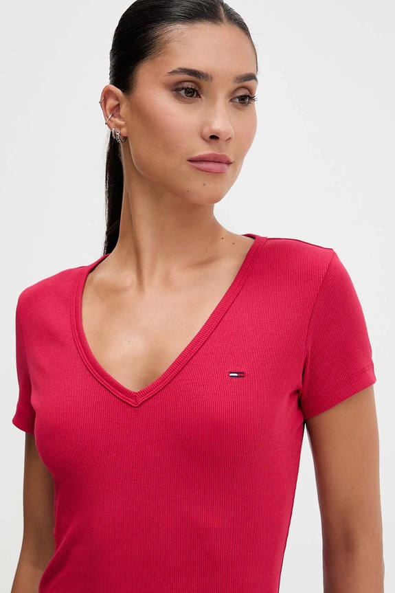 Tommy Jeans tricou femeiesc din bumbac cu elastan roz DW0DW17385
