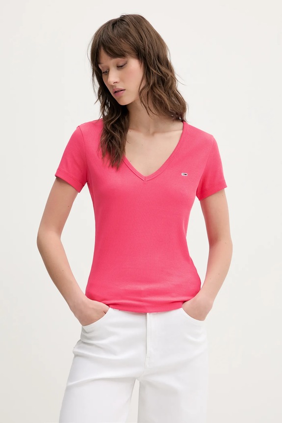 Tommy Jeans tricou de damă din bumbac cu elastan uni roz DW0DW17385