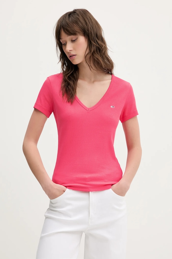 Tommy Jeans tricou de damă din bumbac cu elastan uni roz DW0DW17385