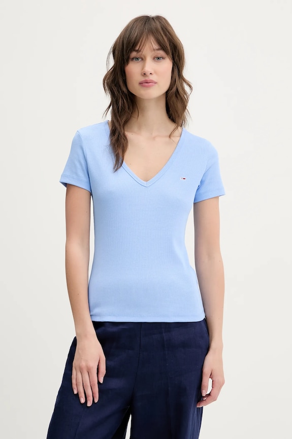 Tommy Jeans tricou de femei din bumbac cu elastan albastru DW0DW17385