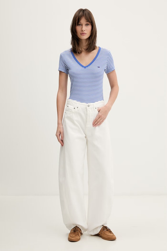 Tommy Jeans majica za žene od pamuka s elastanom DW0DW17385 plava AA00