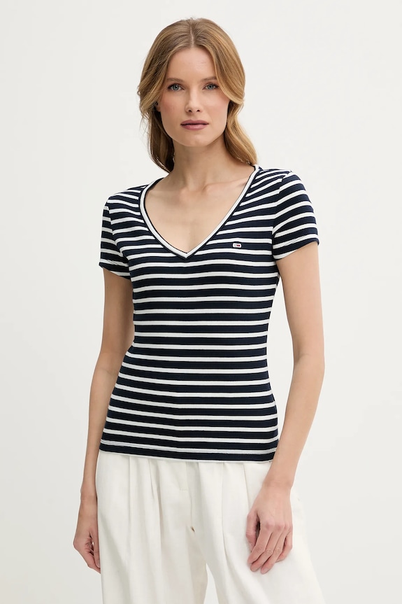 Tommy Jeans Tricou damă din bumbac cu elastan bleumarin DW0DW17385