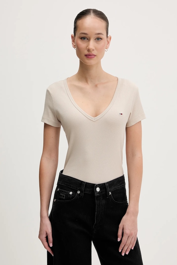 Tommy Jeans tricou de damă din bumbac cu elastan bej DW0DW17385