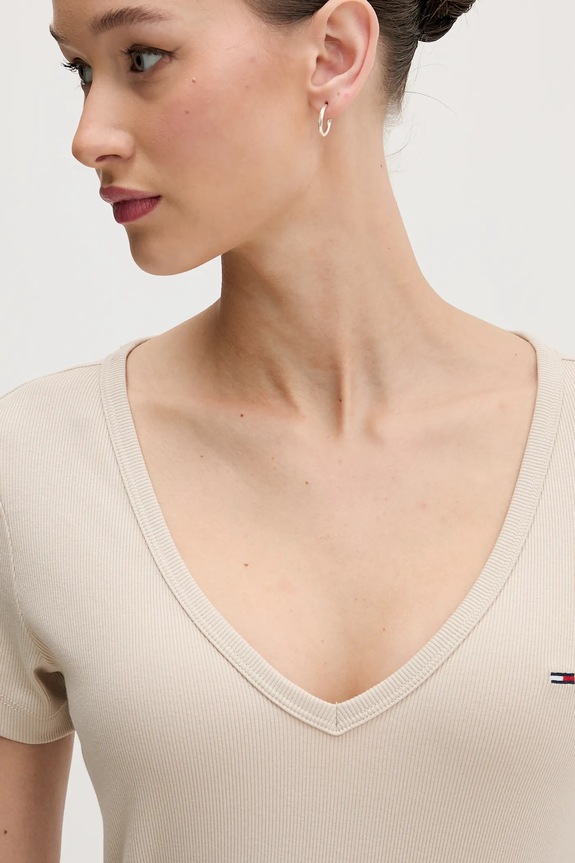 Tommy Jeans tricou de damă din bumbac cu elastan bej DW0DW17385