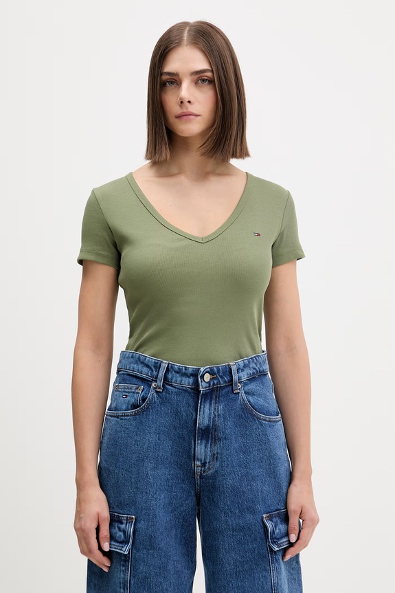 Tommy Jeans tricou de damă din bumbac cu elastan verde DW0DW17385