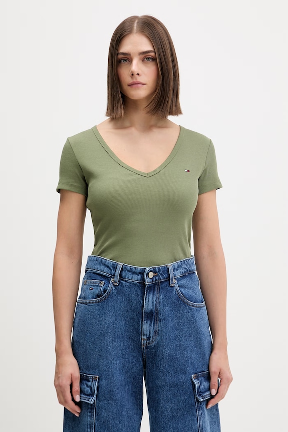 Tommy Jeans tricou de damă din bumbac cu elastan verde DW0DW17385