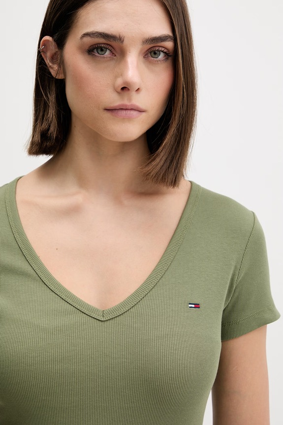 Tommy Jeans tricou de damă din bumbac cu elastan verde DW0DW17385