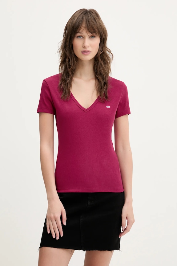 Tommy Jeans tricou de damă din bumbac cu elastan burgundia DW0DW17385