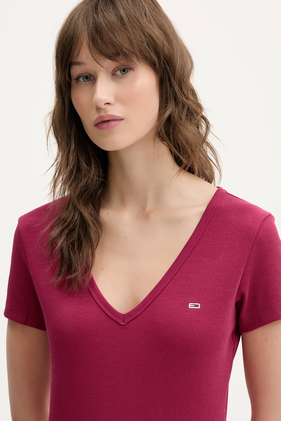 Îmbrăcăminte Tommy Jeans tricou de damă din bumbac cu elastan DW0DW17385 burgundia