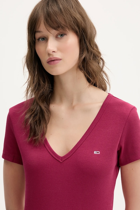 Îmbrăcăminte Tommy Jeans tricou de damă din bumbac cu elastan DW0DW17385 burgundia