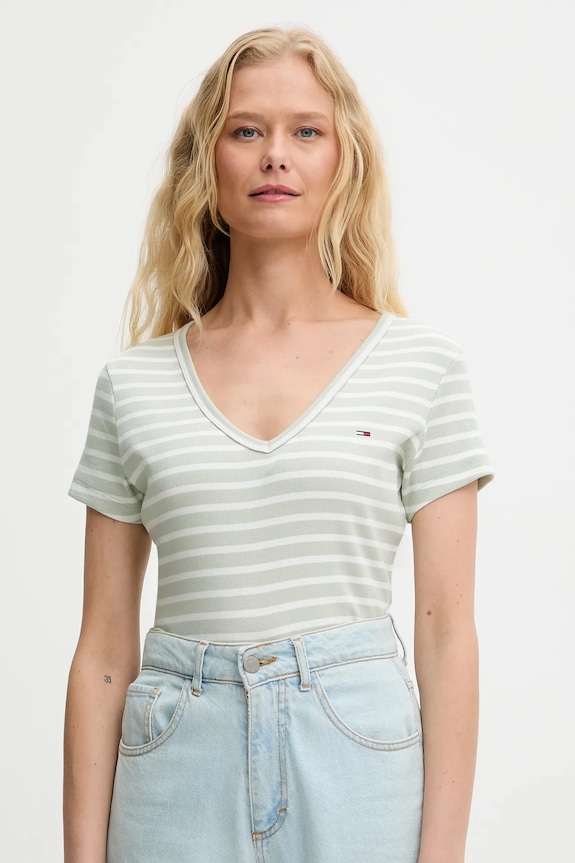Tommy Jeans tricou de femei din bumbac cu elastan verde DW0DW17385