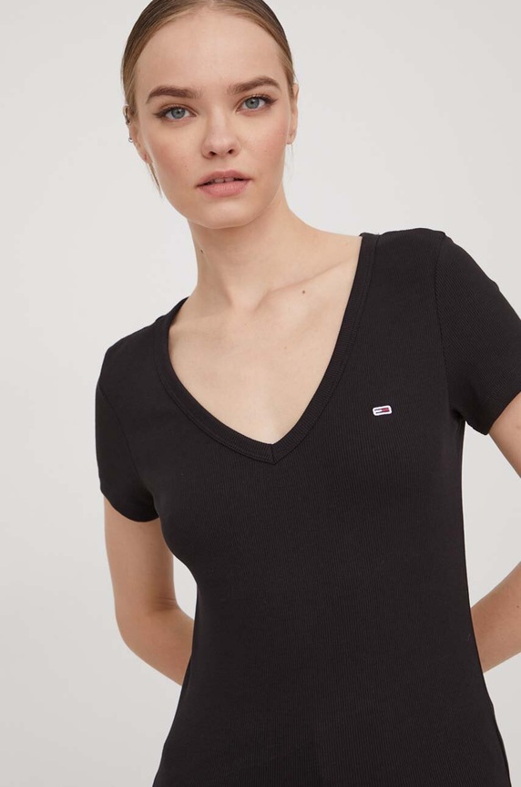 Tommy Jeans T-shirt damski bawełniany z elastanem z elastanem czarny DW0DW17385