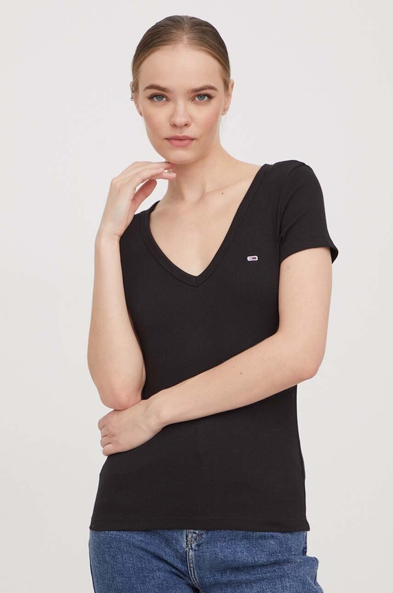 Tommy Jeans T-shirt damski bawełniany z elastanem DW0DW17385 czarny AA00