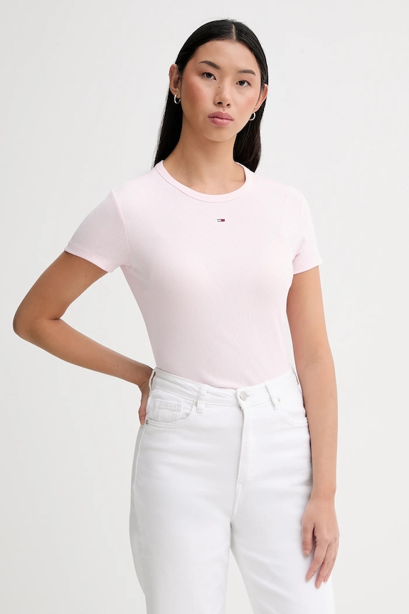 Tommy Jeans basic tričko dámske bavlnené s elastanom ružová DW0DW17383