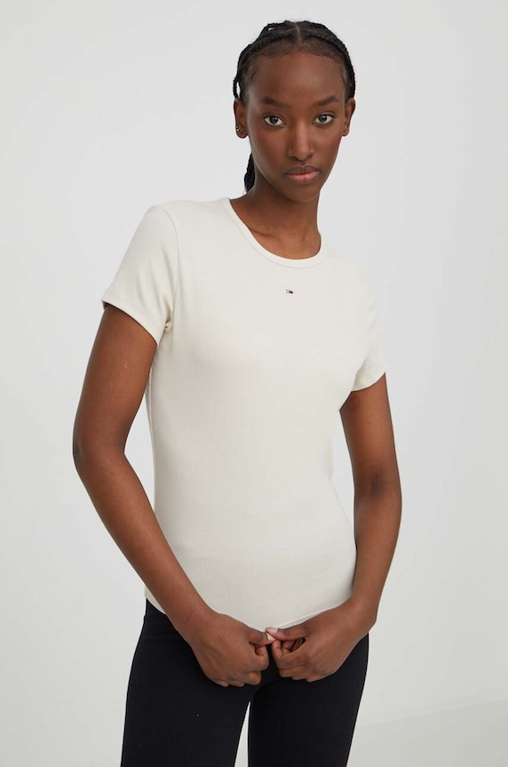 Tommy Jeans basic tričko dámske bavlnené s elastanom jednofarebný béžová DW0DW17383