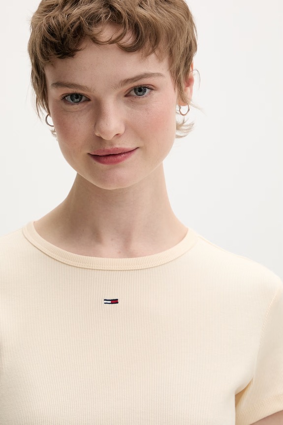 Tommy Jeans basic tričko dámske bavlnené s elastanom béžová DW0DW17383
