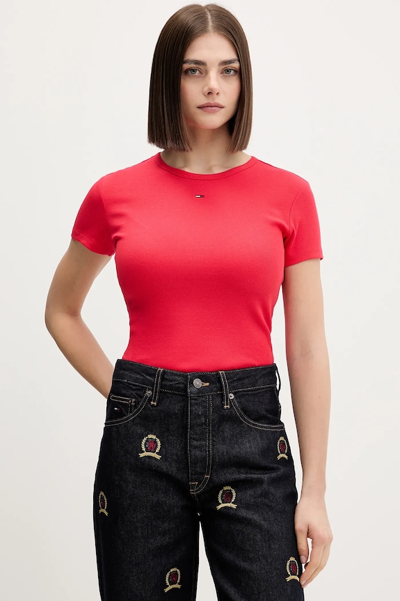Tommy Jeans t-shirt basic damski bawełniany z elastanem z elastanem czerwony DW0DW17383