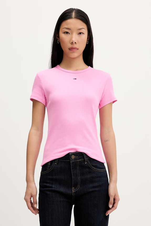 Tommy Jeans basic tričko dámske bavlnené s elastanom ružová DW0DW17383