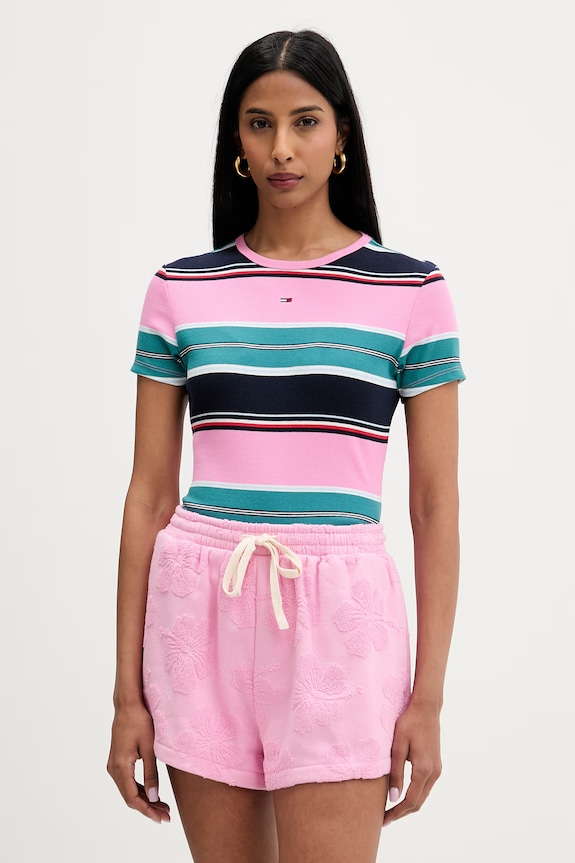 Tommy Jeans basic tričko dámské bavlněné s elastanem růžová DW0DW17383