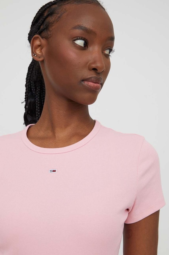 Odzież Tommy Jeans T-shirt basic damski bawełniany z elastanem DW0DW17383 różowy