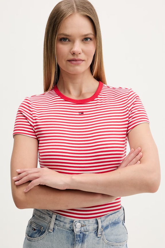 Tommy Jeans t-shirt basic damski bawełniany z elastanem czerwony DW0DW17383