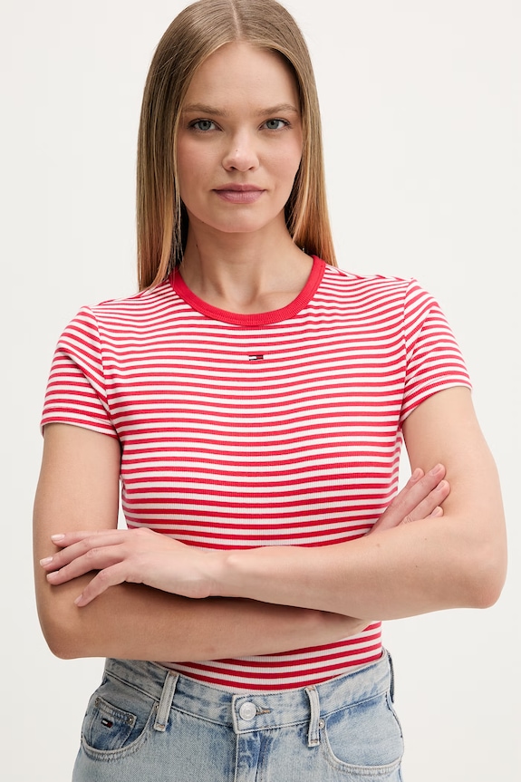 Tommy Jeans t-shirt basic damski bawełniany z elastanem czerwony DW0DW17383