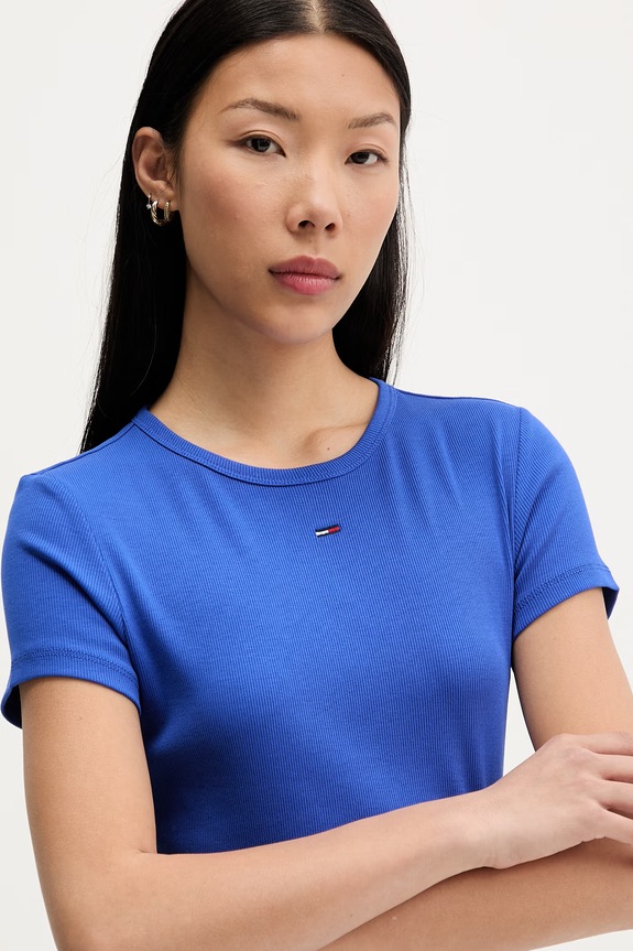 Tommy Jeans tricou basic pentru femei, din bumbac cu elastan albastru DW0DW17383